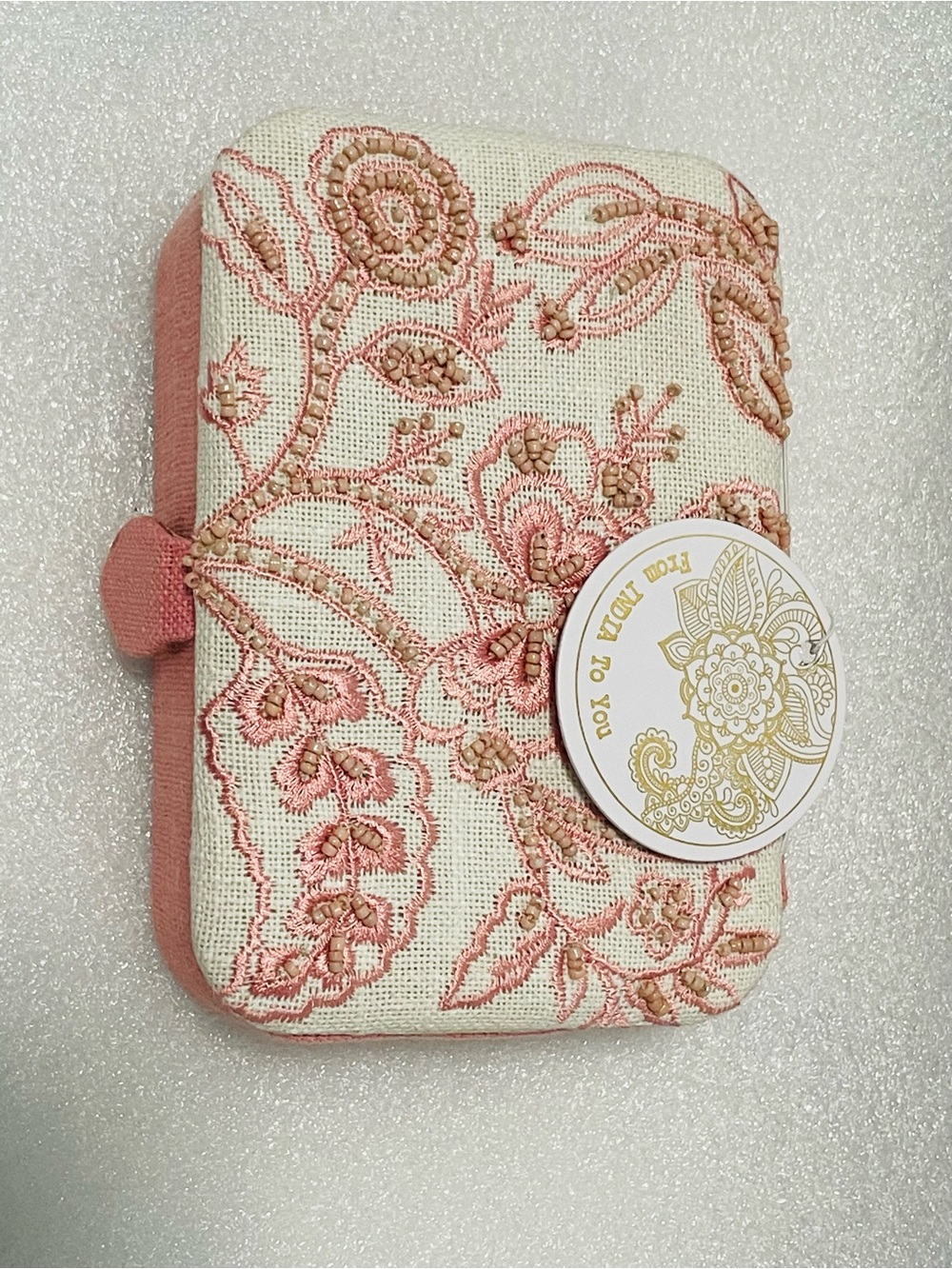 Elegant Embroidered Travel Jewelry Case - Pink & Cream